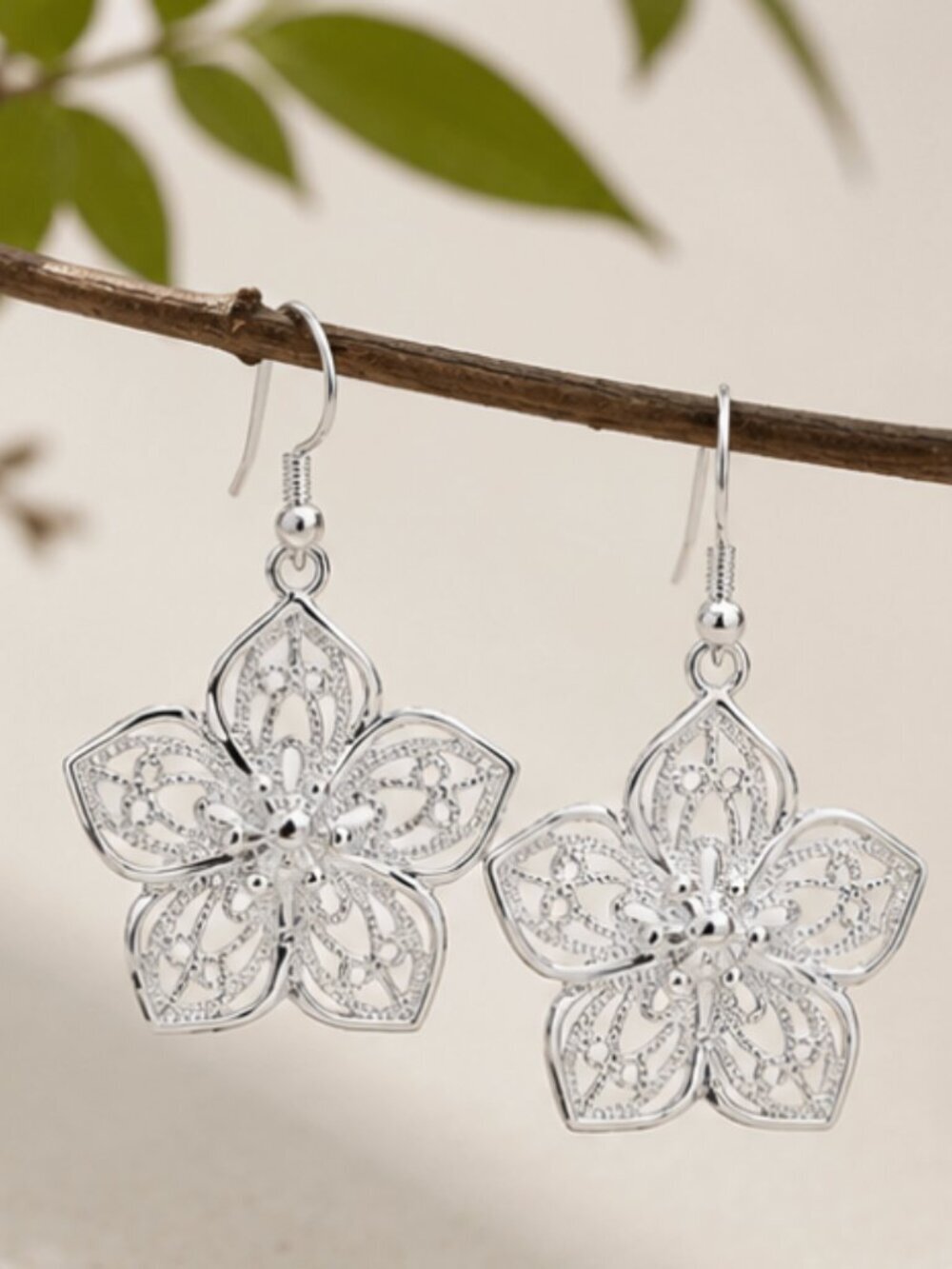 925 Sterling Silver Flower Dangle Drop Earrings